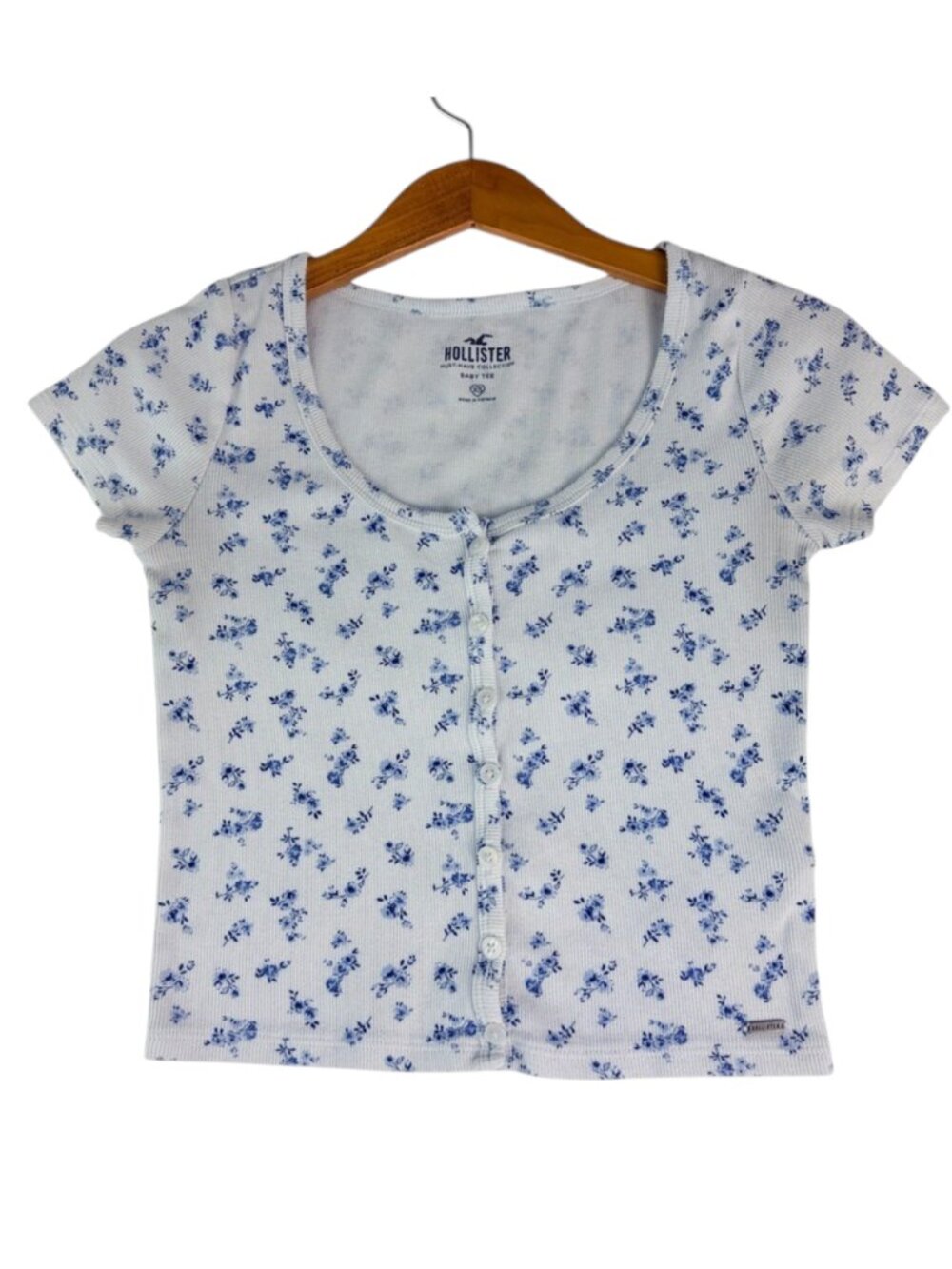 Floral Ribbed T-Shirt Hollister Women’s XS White Blue Short Sleeve Casual Top